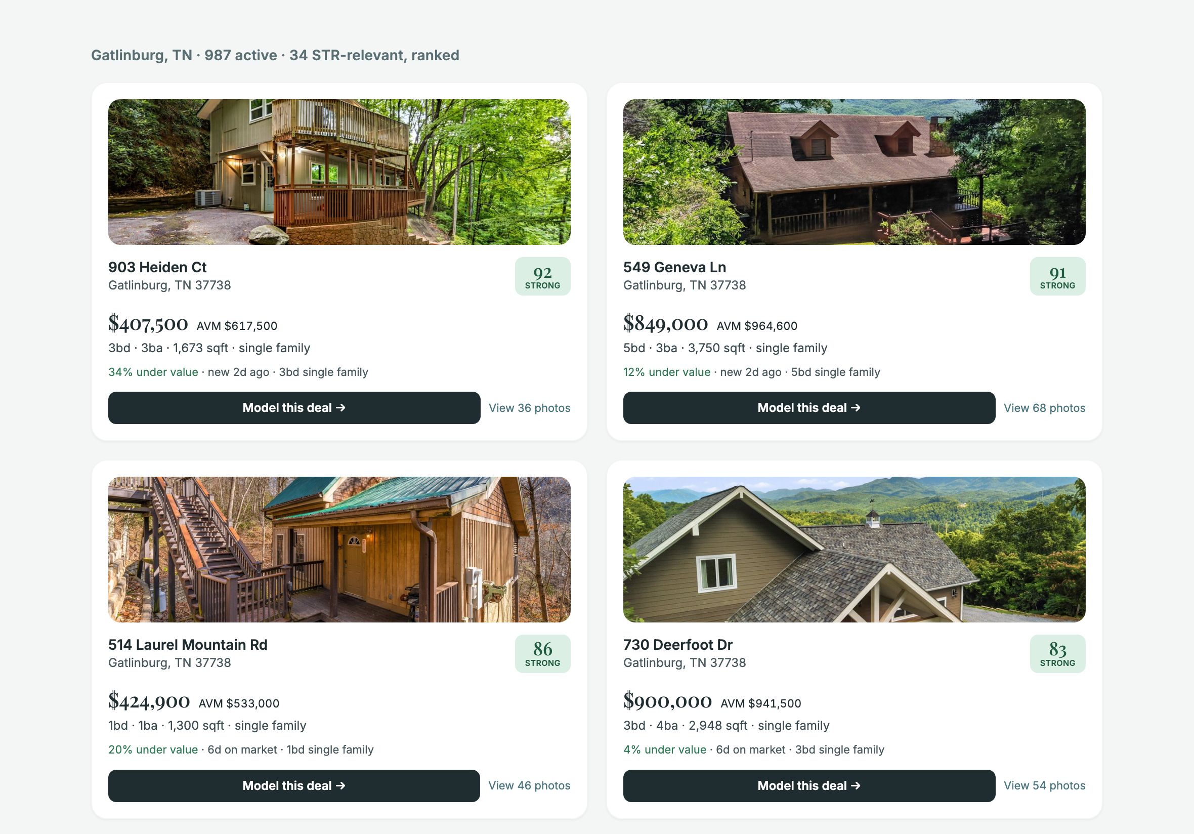 STR Scout ranked search results for Gatlinburg, TN — real listings scored Strong with value badges, ranked highest first