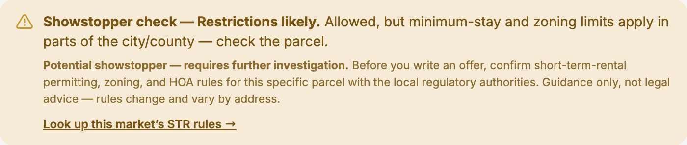 STR Scout showstopper check — flags likely short-term-rental restrictions for a market and links to the local rules to verify